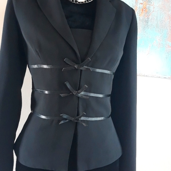 Evan Picone/ Black Blazer/ Satin Ribboned Trim Detail - Picture 2 of 9